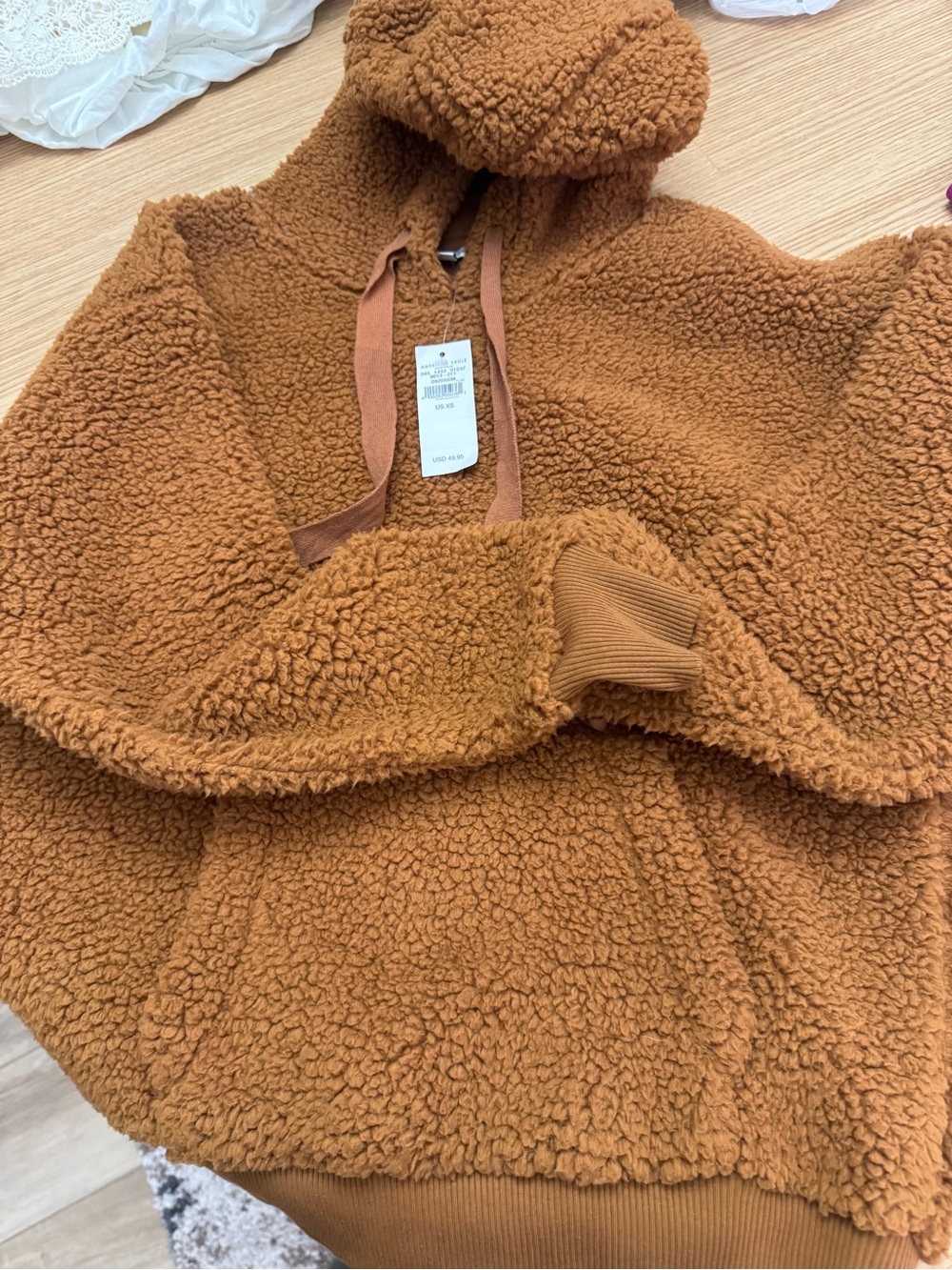 American Eagle Outfitters Plush Sherpa Hoodie in Caramel Brown